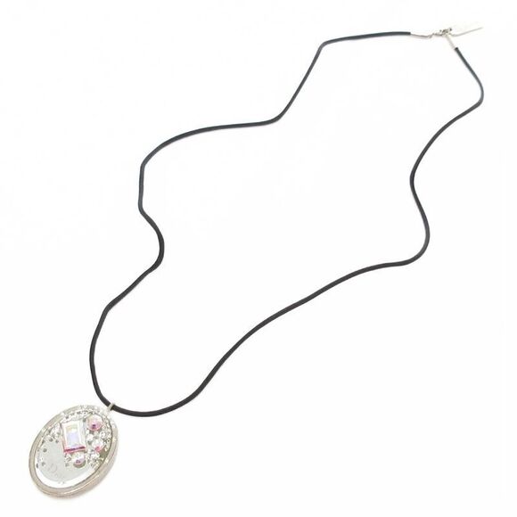 Christian DIOR Pendant Necklace Rhinestone Mirror Logo Silver Color Black AE -